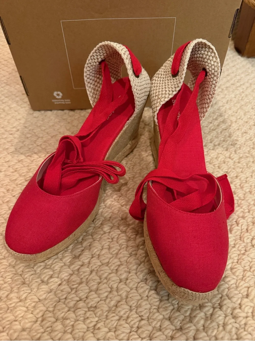 Soludos Red Canvas Wedge Espadrille Tie-Up